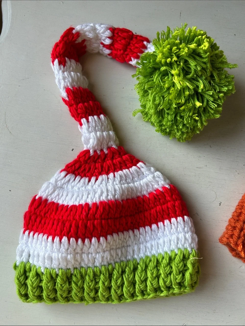 Handmade Kids Holiday Hat Set - Red, White & Green Stripe + Orange Pumpkin